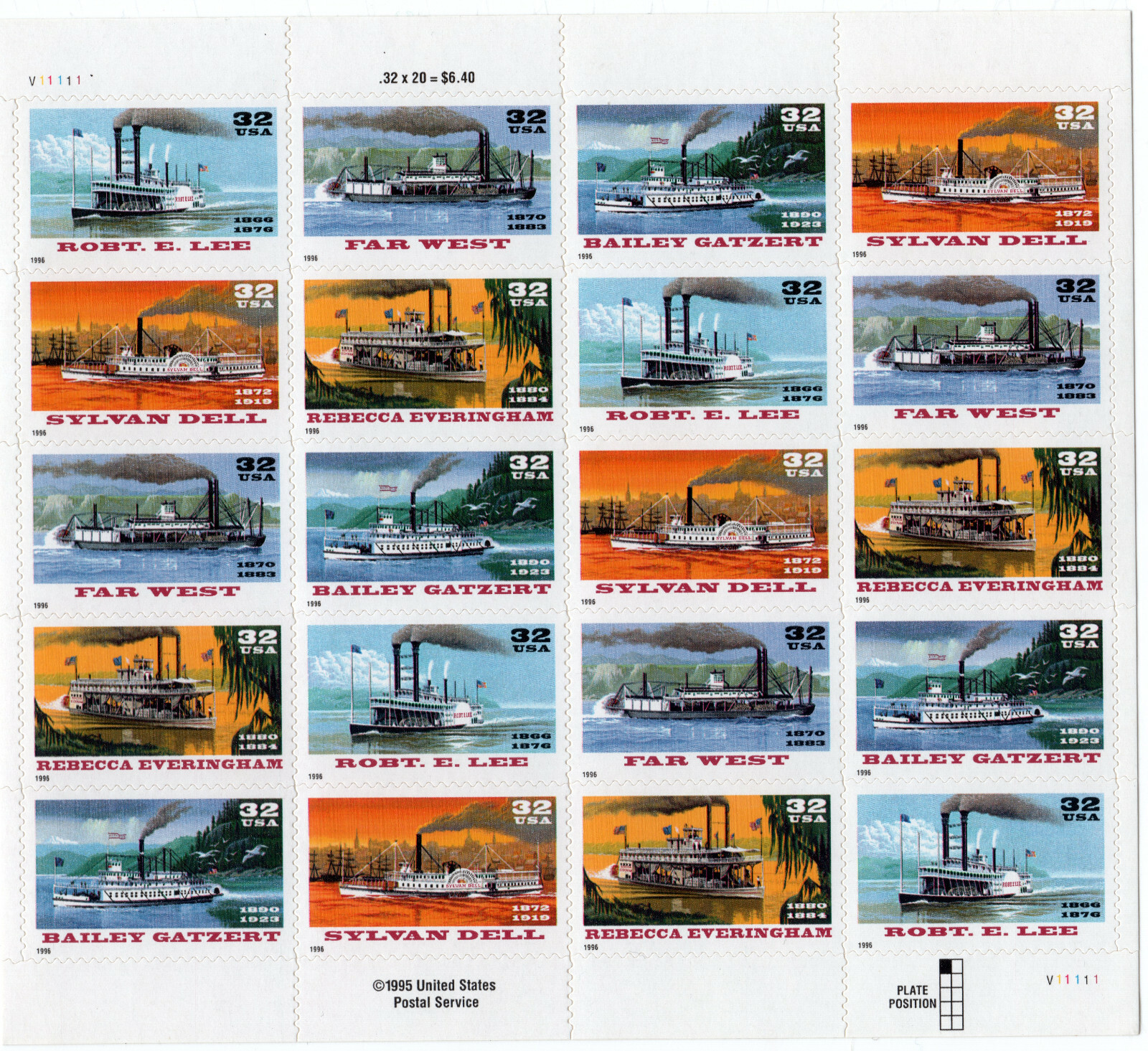 Scott #3095a(3091-3095) RiverBoats (Early Cruise Ships) Sheet of 20 Stamps - MNH