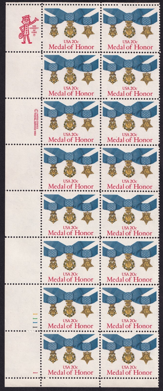 Scott #2045 Medal of Honor Plate Block of 16 Stamps - MNH P#1111-1 LL