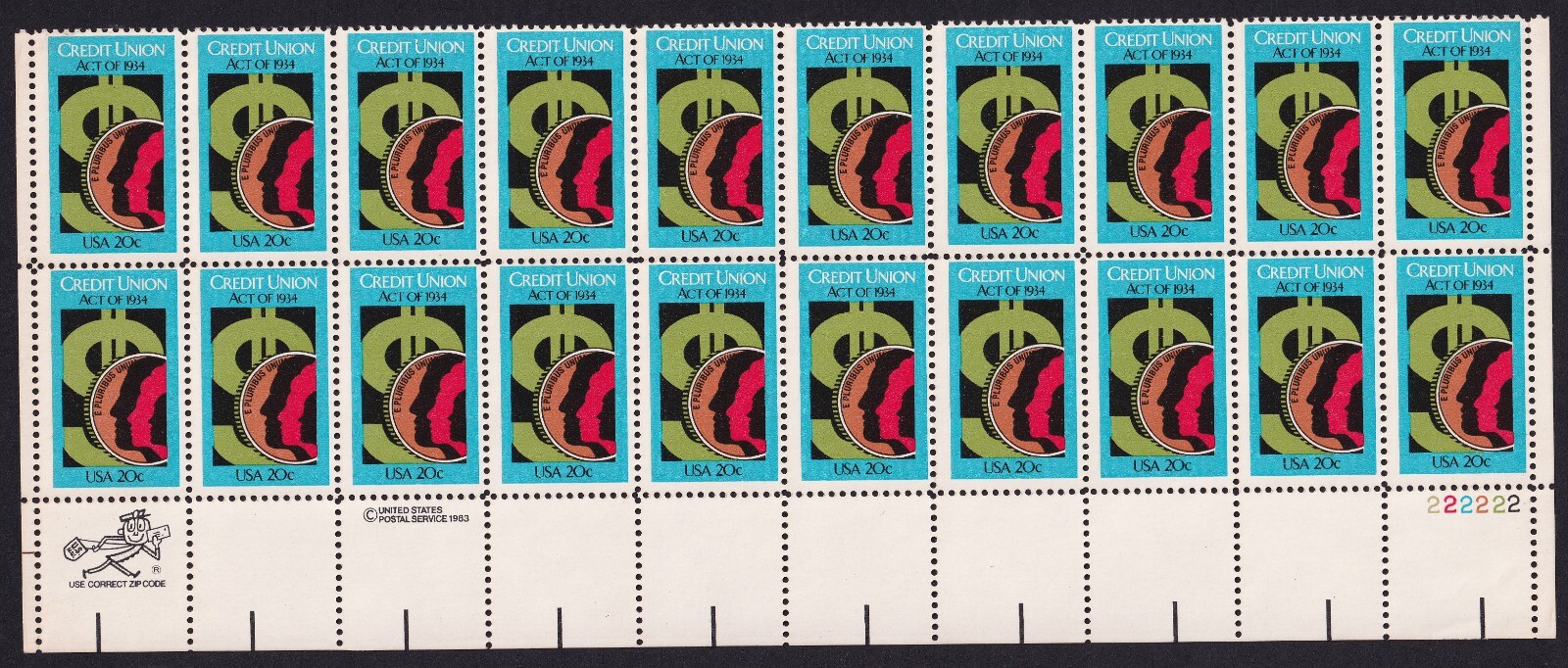 Scott #2075 Credit Union Act Plate Block of 20 Stamps - MNH P#222222 LR