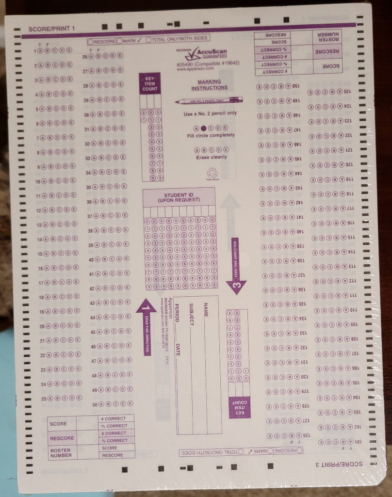 Scantron General Purpose Answer Sheet Pack Of 500 - Sealed Apperson #25490/19642
