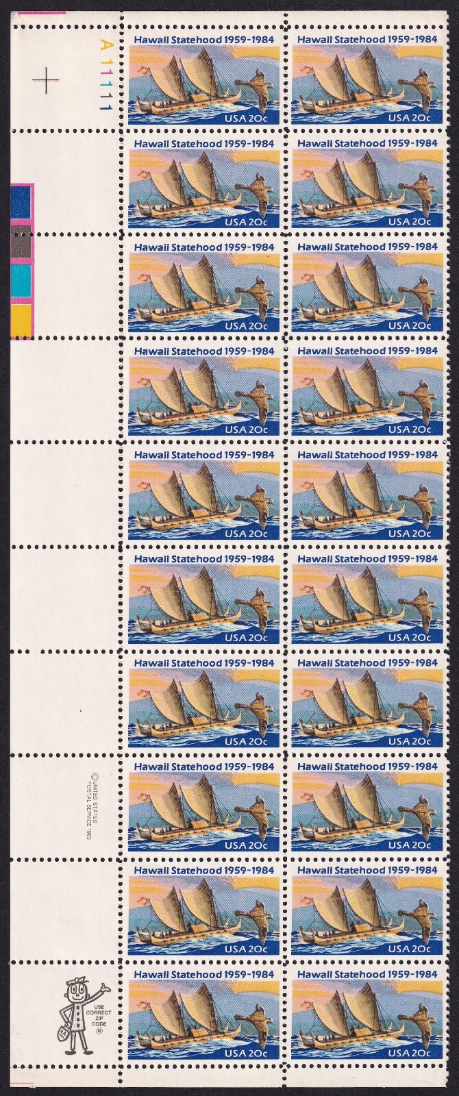 Scott #2080 Hawaii Plate Block of 20 Stamps - MNH UL