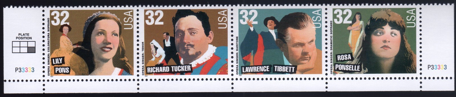 Scott #3154-3157a Opera Singers Plate Block of 4 Stamps - MNH Bottom