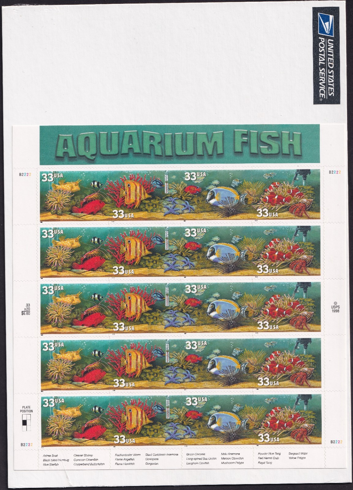 Scott #3320b (3317-3320) Aquarium Fish (Nemo) Sheet of 20 Stamps - Sealed White