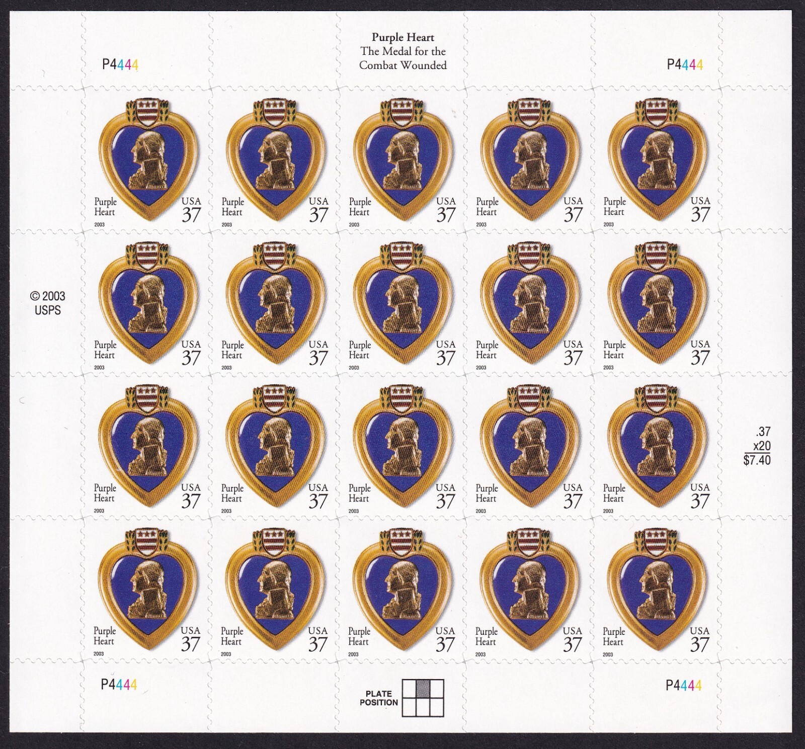 Scott #3784A Purple Heart Sheet of 20 Stamps - MNH