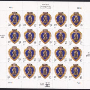 Scott #3784A Purple Heart Sheet of 20 Stamps - MNH P#P5555