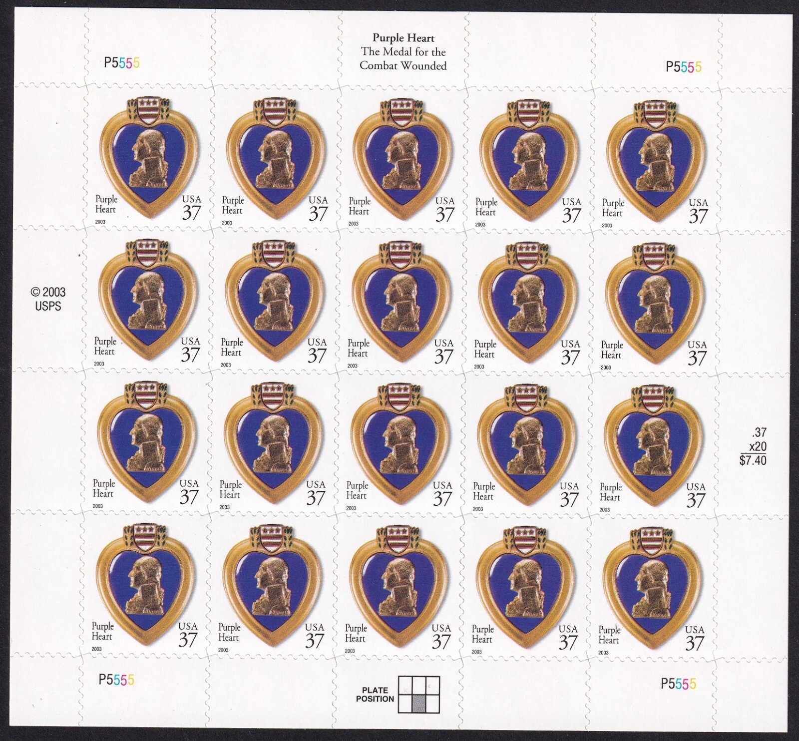 Scott #3784A Purple Heart Sheet of 20 Stamps - MNH P#P5555