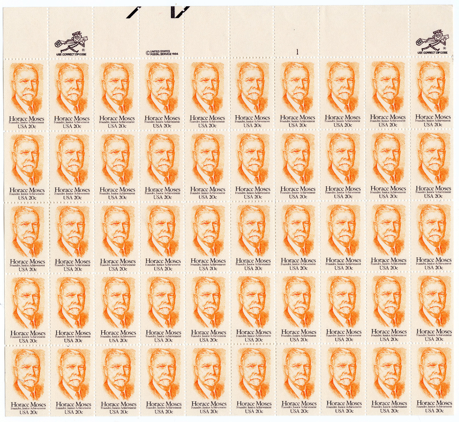 Scott #2095 Horace Mann Sheet of 50 Stamps (2 Mr. Zip) - MNH