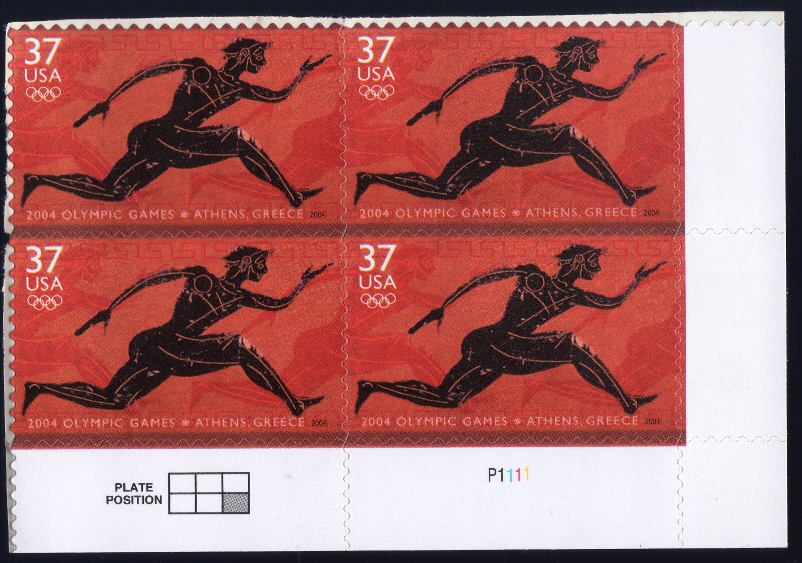 Scott #3863 Greek Olympics Runner Plate Block of 4 Stamps - MNH