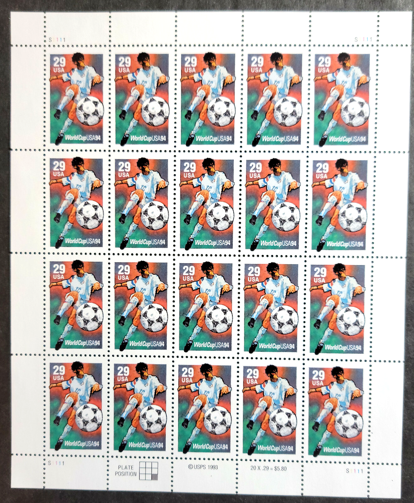 Scott #2834 World Cup Soccer 29c Sheet of 20 Stamps - MNH