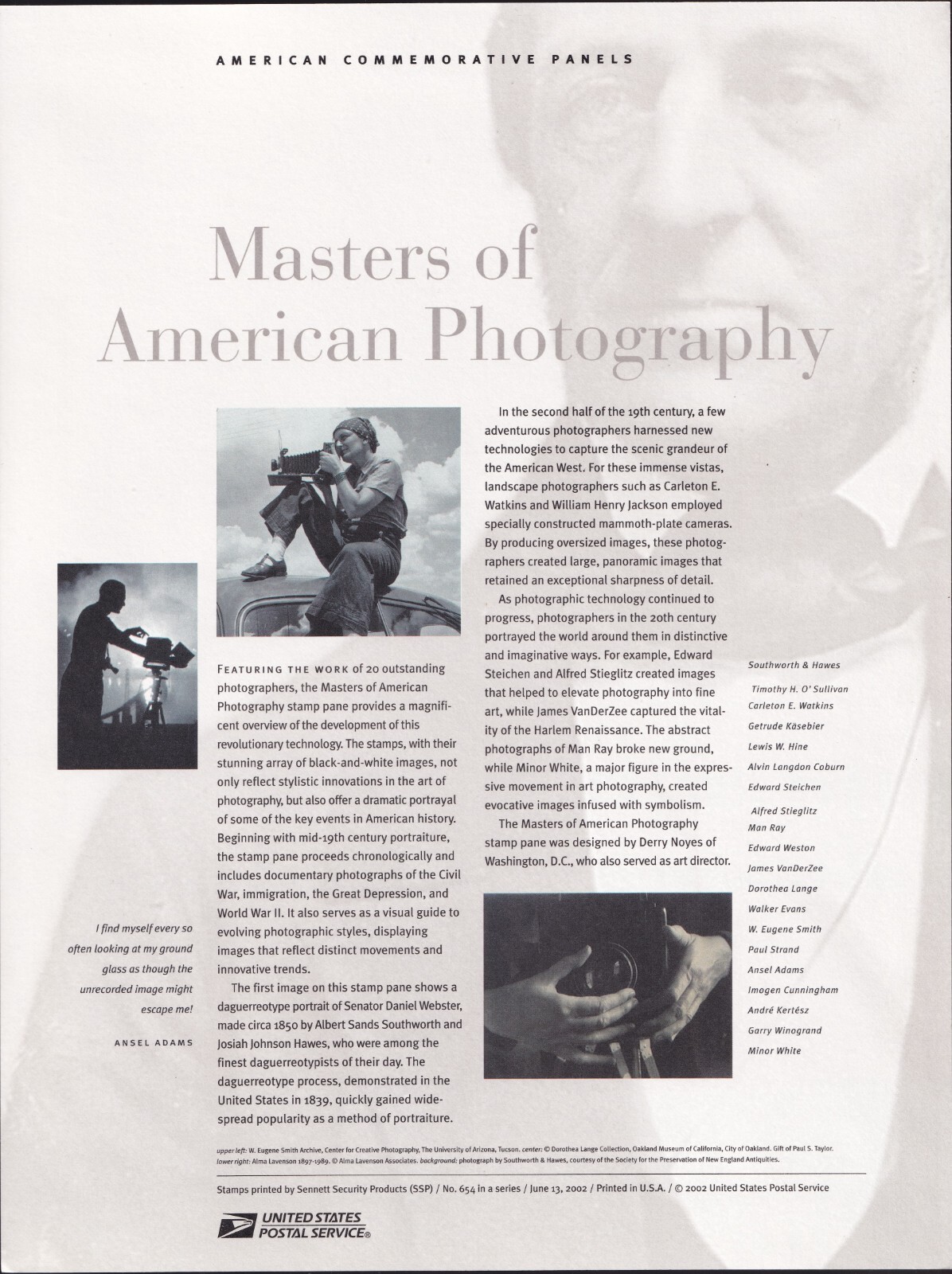 Scott #CP651 (3649) American Photography Commemorative Panel Stamp Sheet