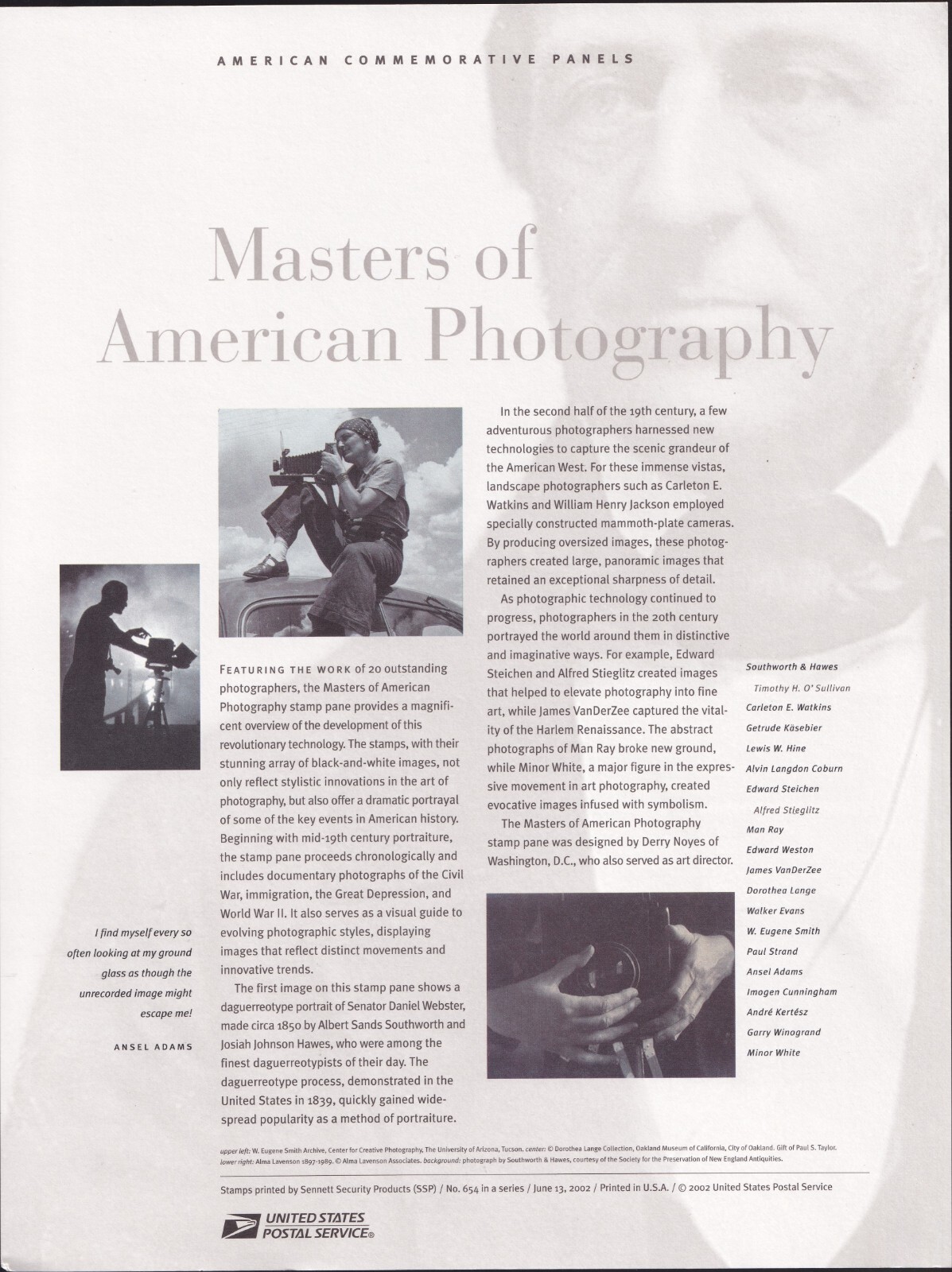 Scott #CP651 (3649) American Photography Commemorative Panel Stamp Sheet PC