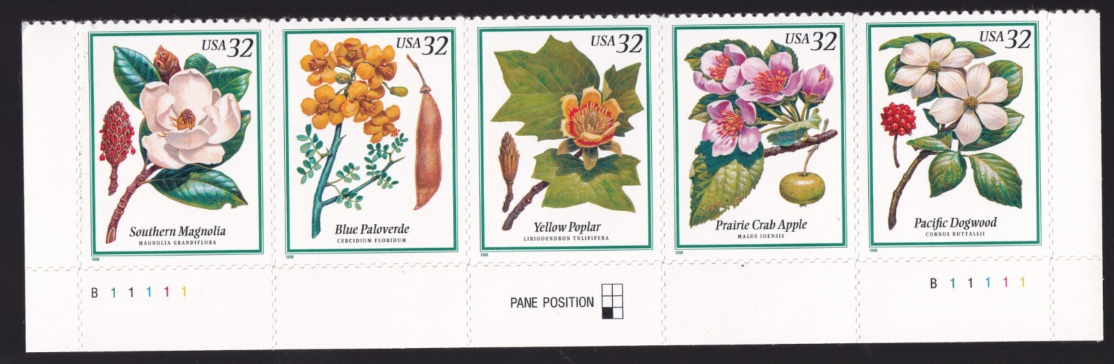 Scott #3197a (3193-97) Flowering Trees Plate Strip of 5 Stamps - MNH Bottom