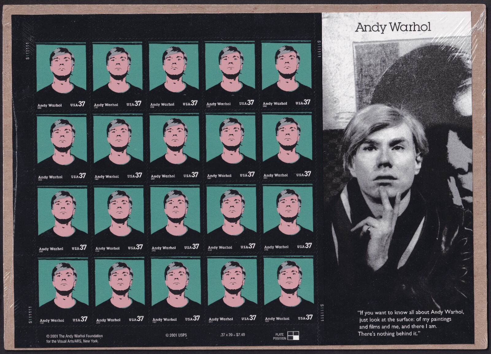Scott #3652 Andy Warhol Full Sheet of 20 Stamps - Sealed Brown
