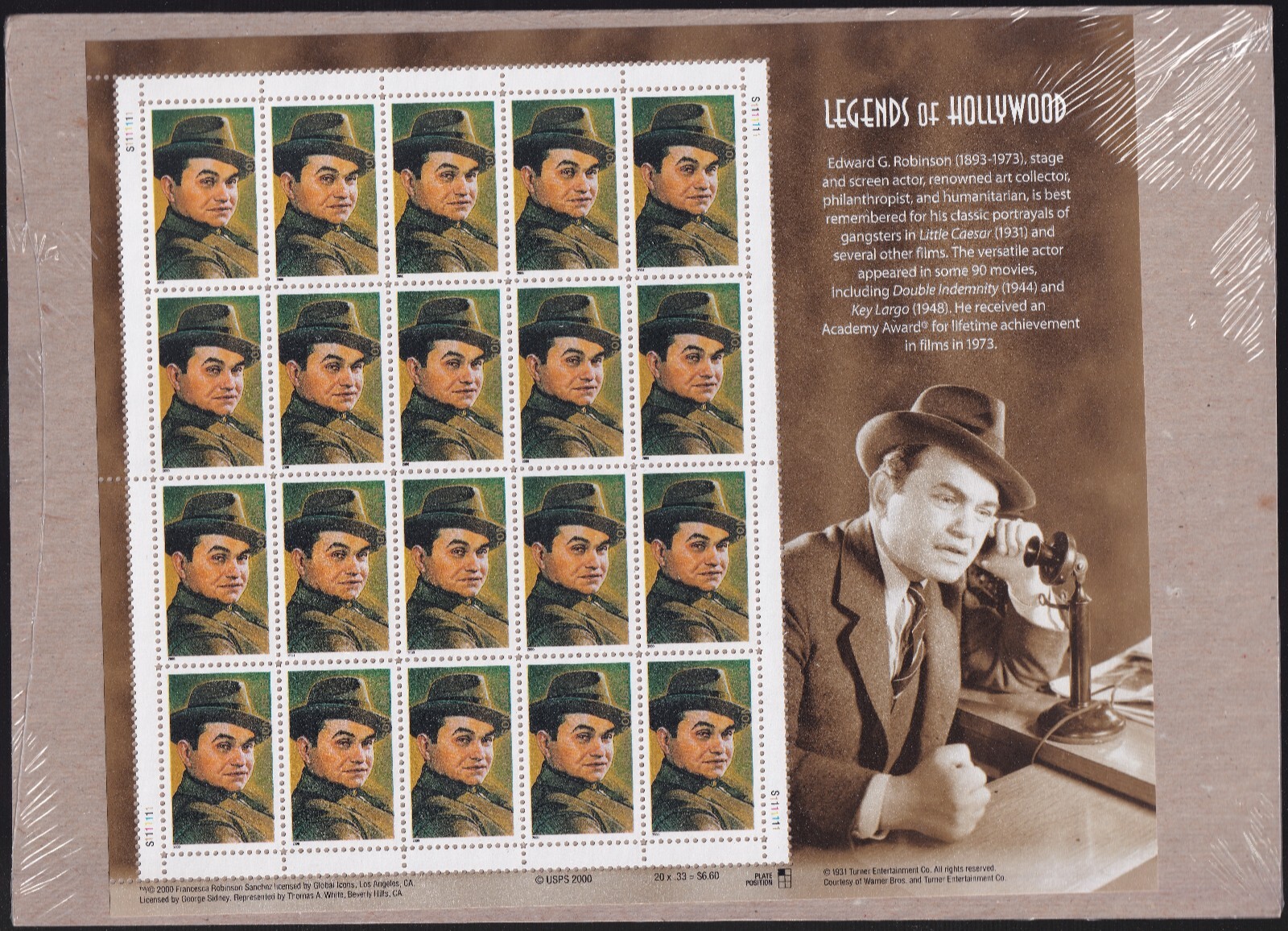 Scott #3446 Edward G. Robinson Sheet of 20 Stamps - Sealed Brown