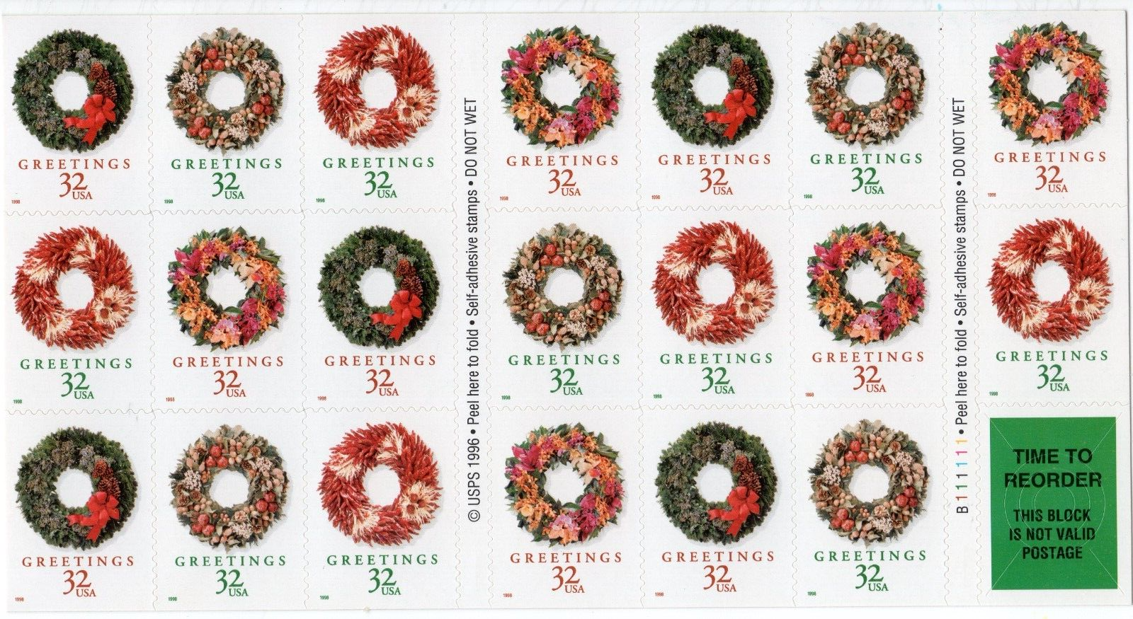 Scott #3252e Christmas Wreaths Booklet of 20 Stamps - MNH P#B111111