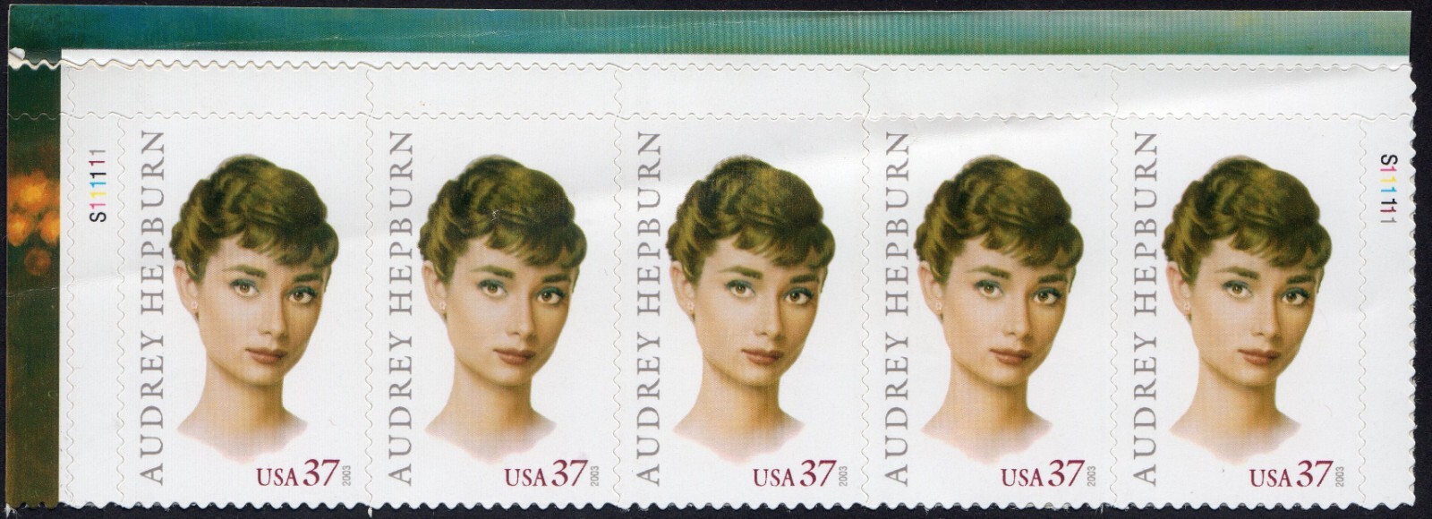 Scott #3786 Audrey Hepburn Plate Block of 5 Stamps - MNH Top Damaged PC#3