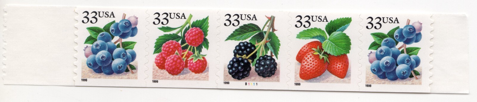 Scott #3302-3305a Berries Plate Number Coil (PNC5) of 5 Stamps - MNH P#B1111