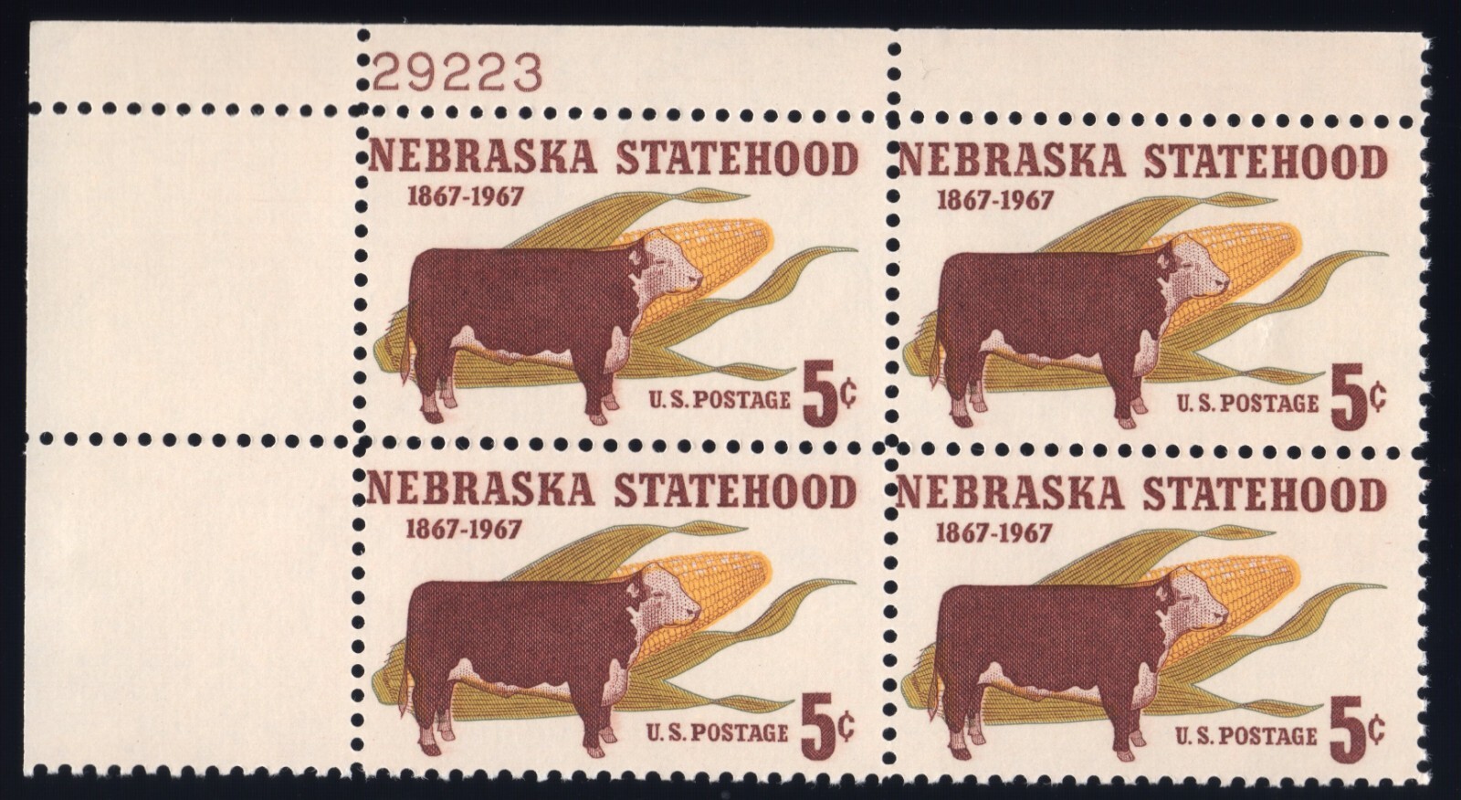 Scott #1328 Nebraska Cattle Plate Block of 4 Stamps - MNH