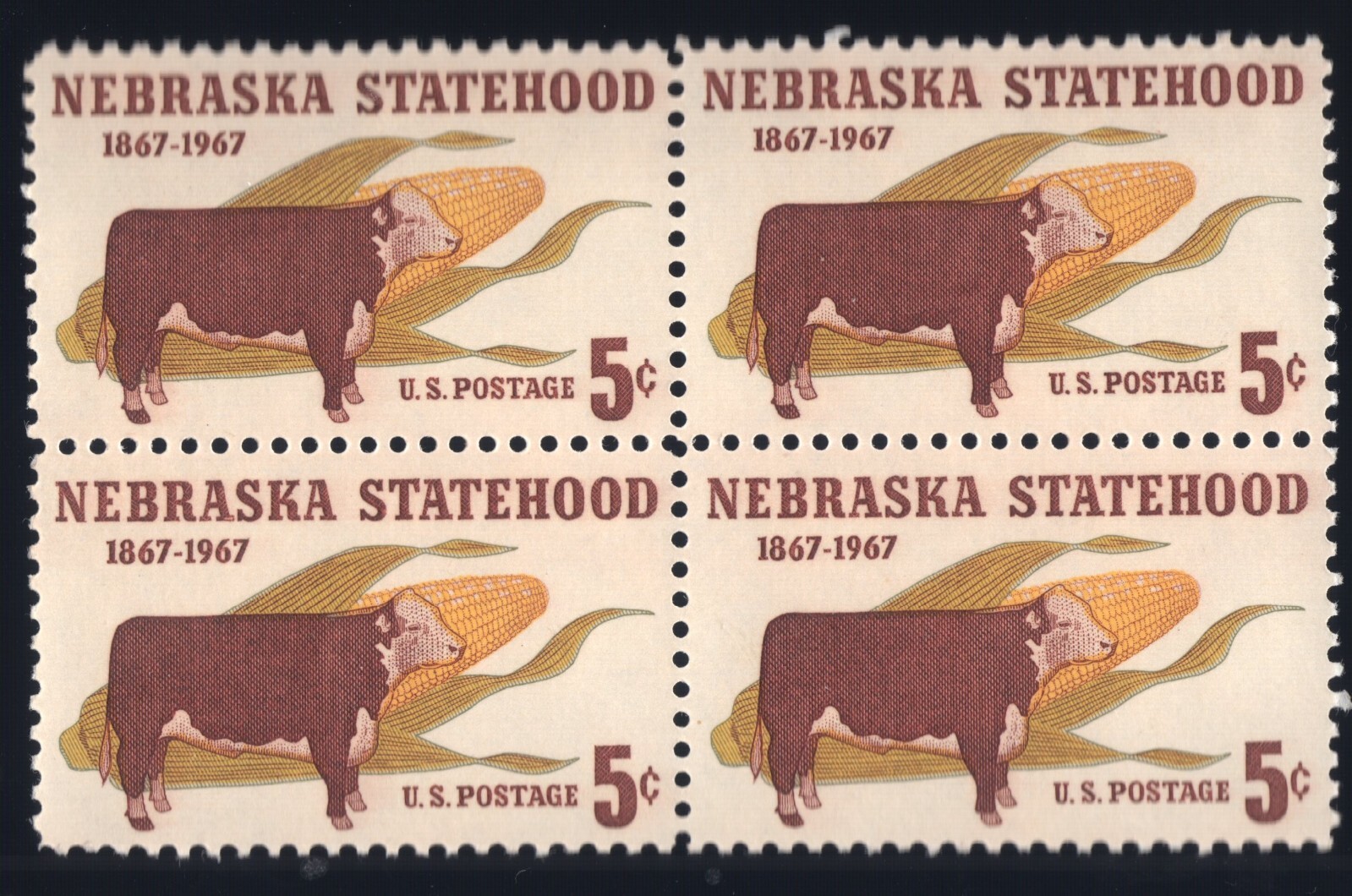 Scott #1328 Nebraska Cattle Block of 4 Stamps - MNH
