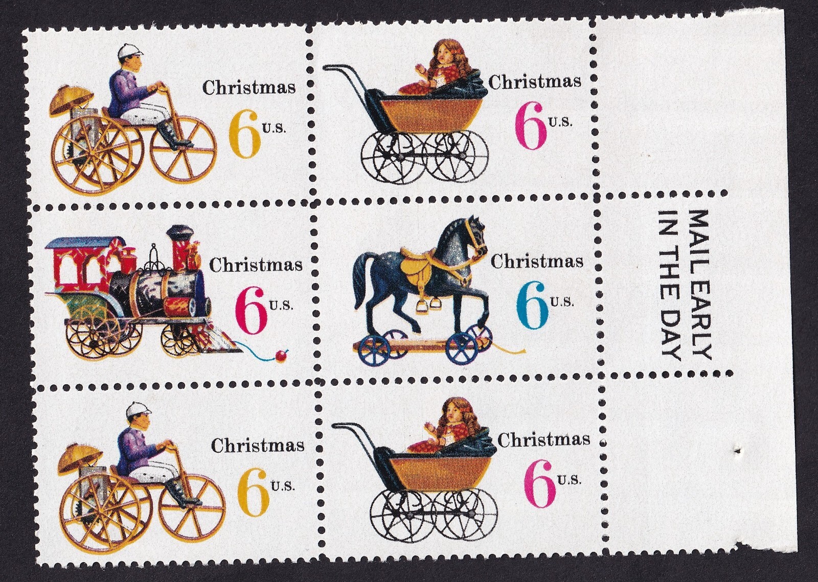 Scott #1418b (1415-18) Christmas Toys Mail Early Block of 6 Stamps - MNH