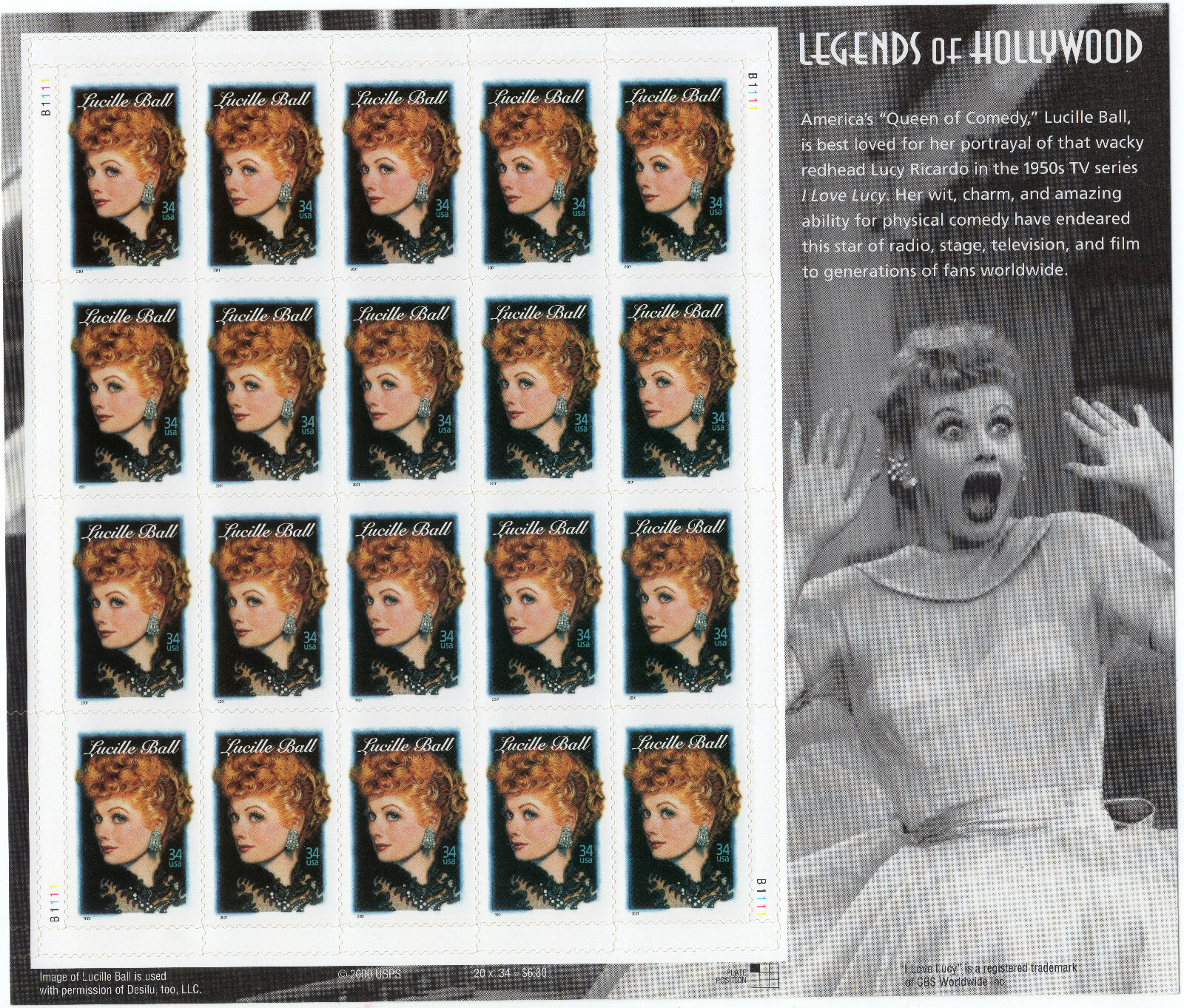 Scott #3523 Lucille Ball (Legends of Hollywood) Stamps Sheet of 20 Stamps - MNH