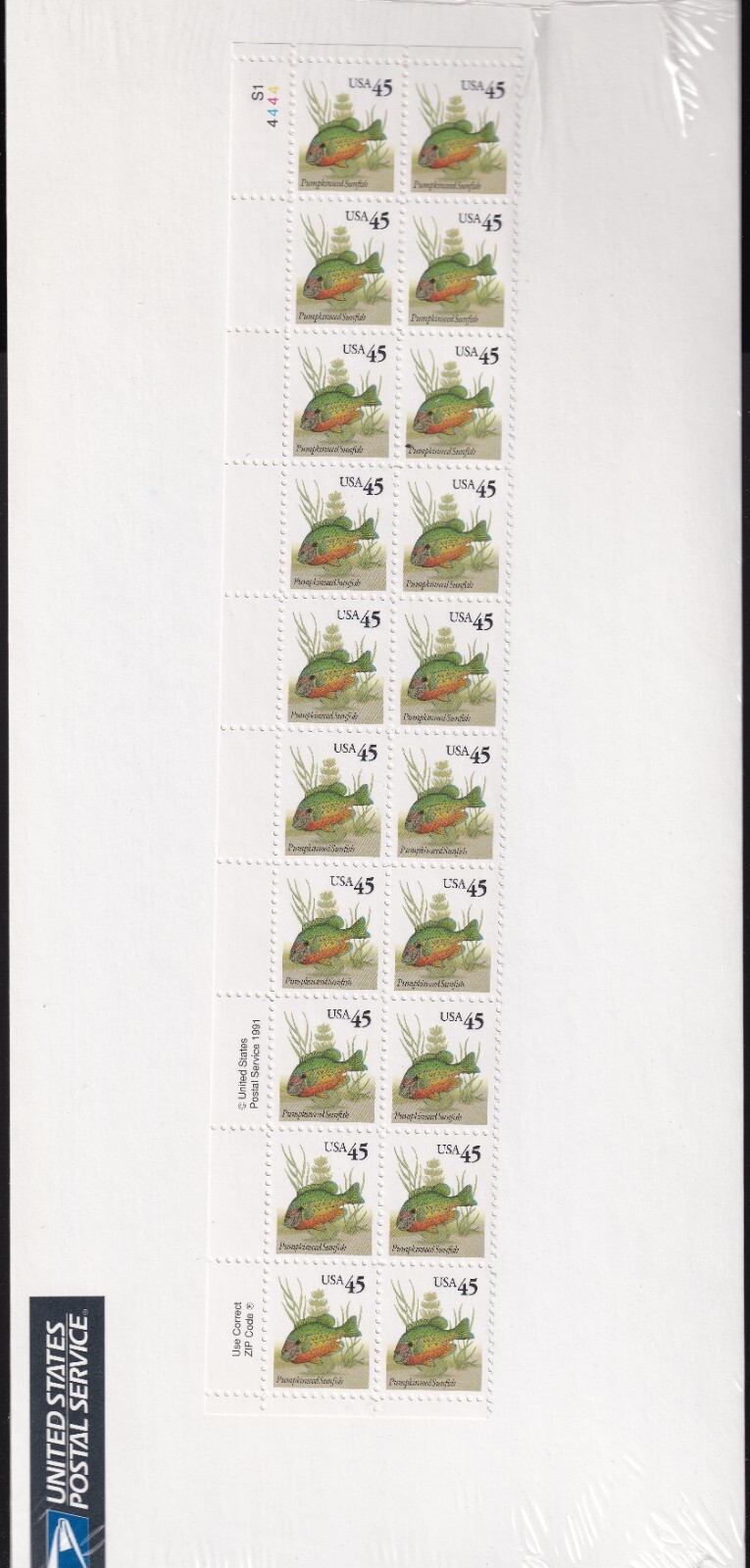 Scott #2481 Pumpkinseed Sunfish Plate Block of 20 Stamps - Sealed