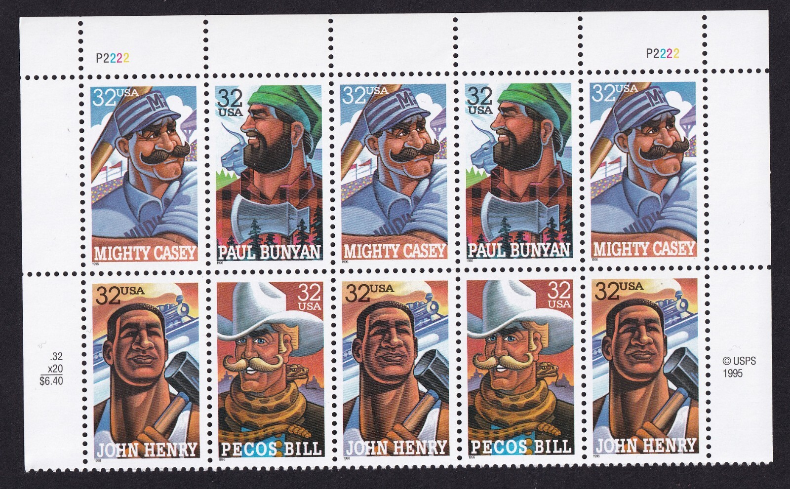 Scott #3086a Folk Heroes Plate Block of 10 Stamps - MNH Top