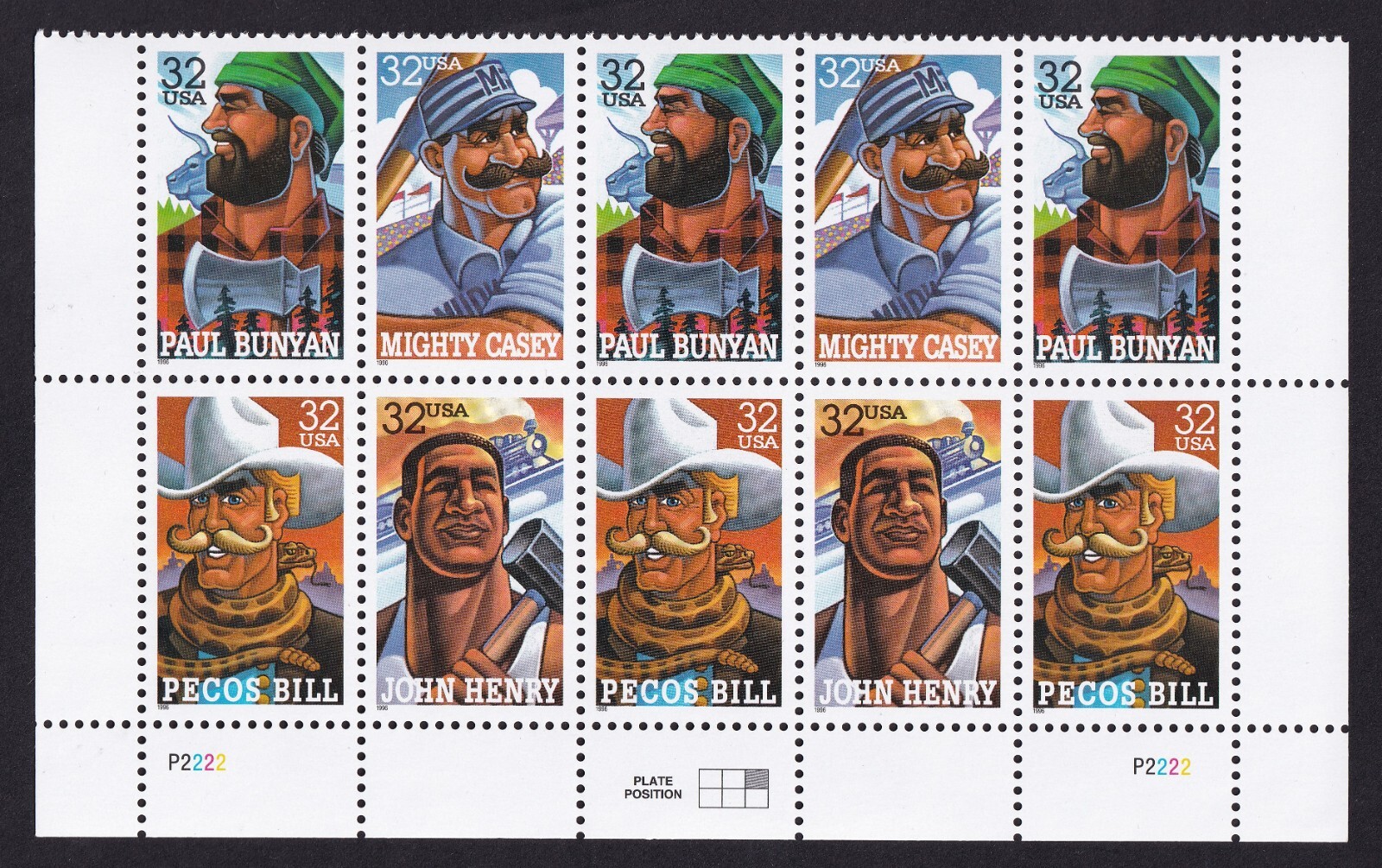 Scott #3086a Folk Heroes Plate Block of 10 Stamps - MNH Bottom