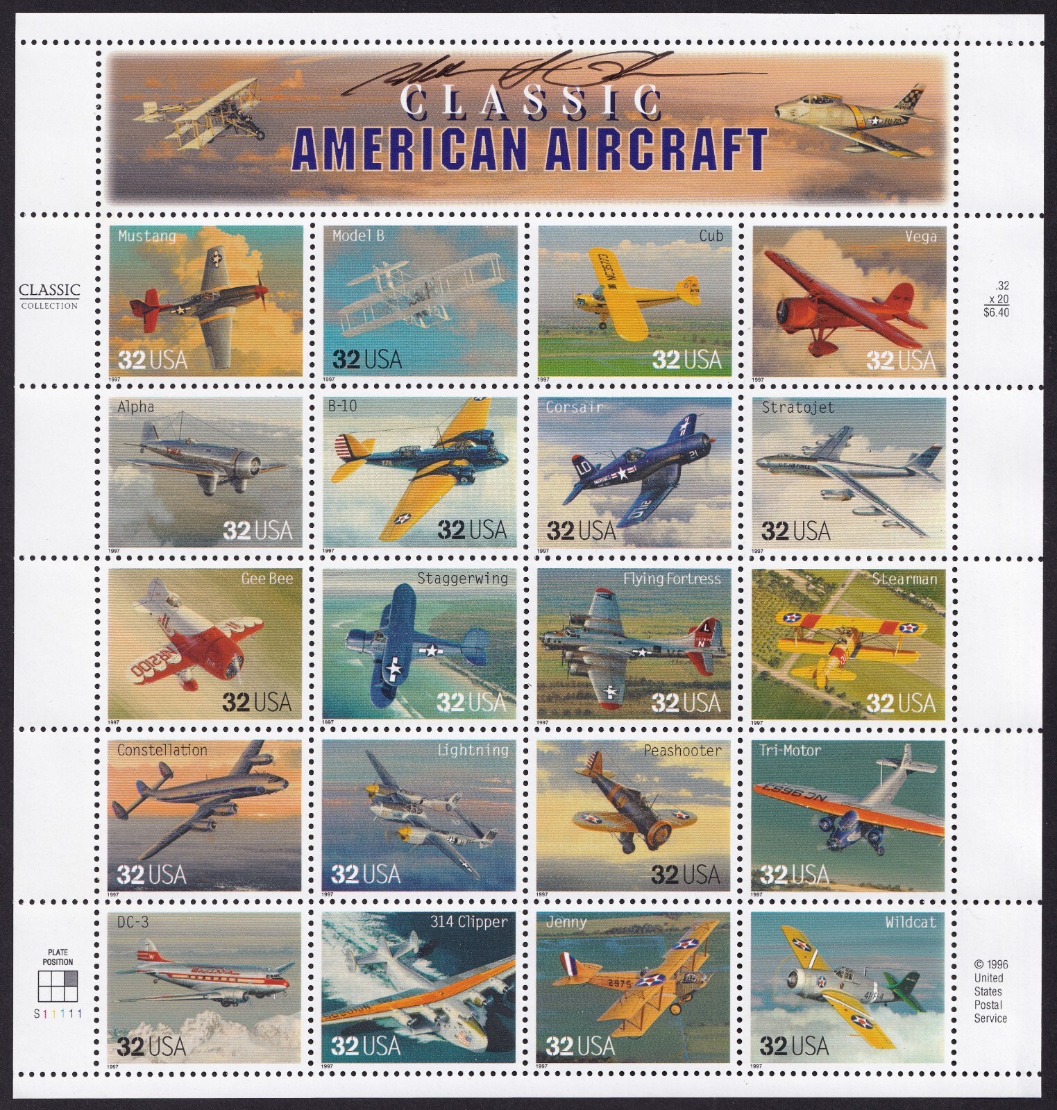 Scott #3142 Classic American Aircraft Sheet of 20 Stamps - MNH Signed by Artist