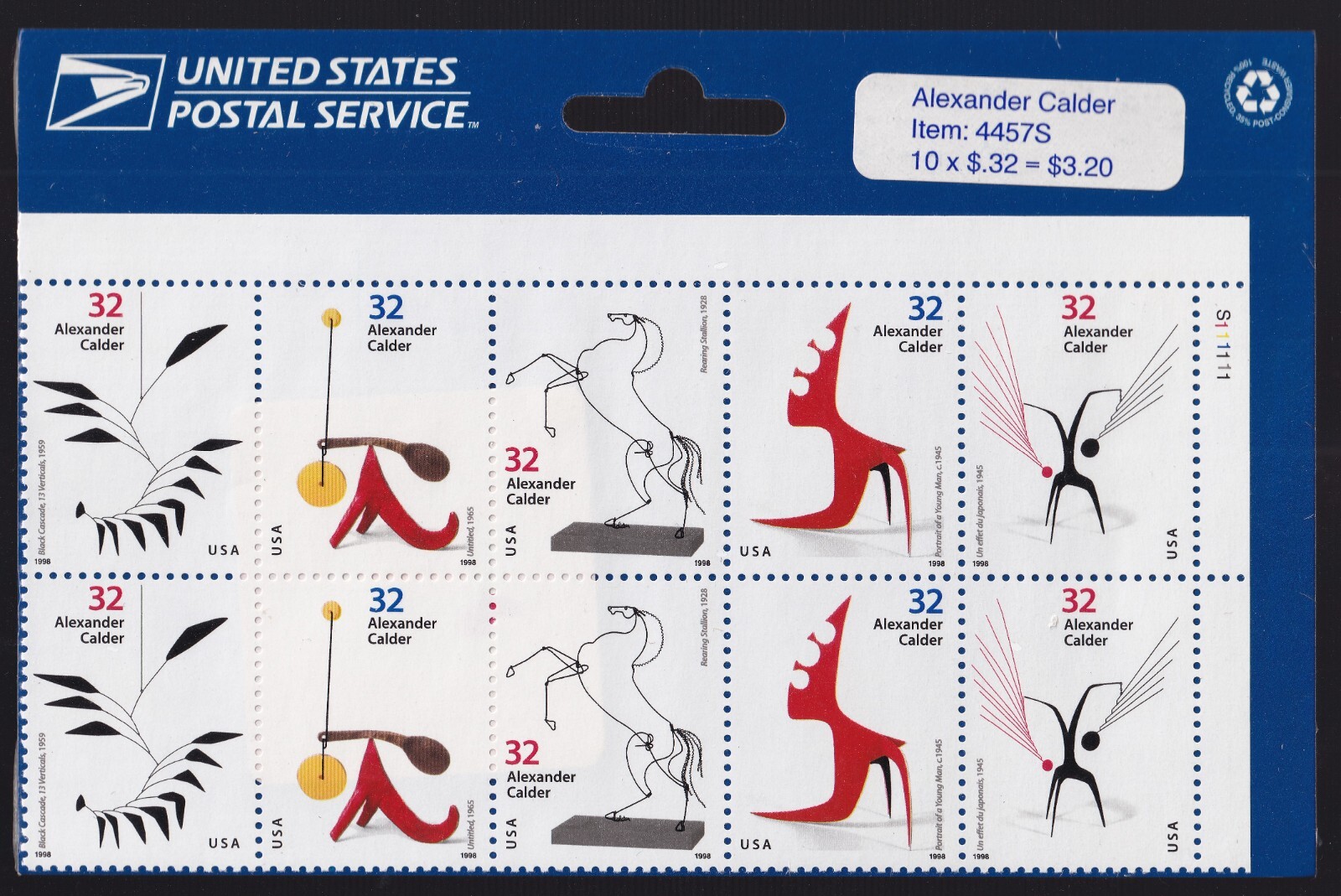 Scott #3202a (3198-3202) Alexander Calder Plate Block of 10 Stamps - Sealed