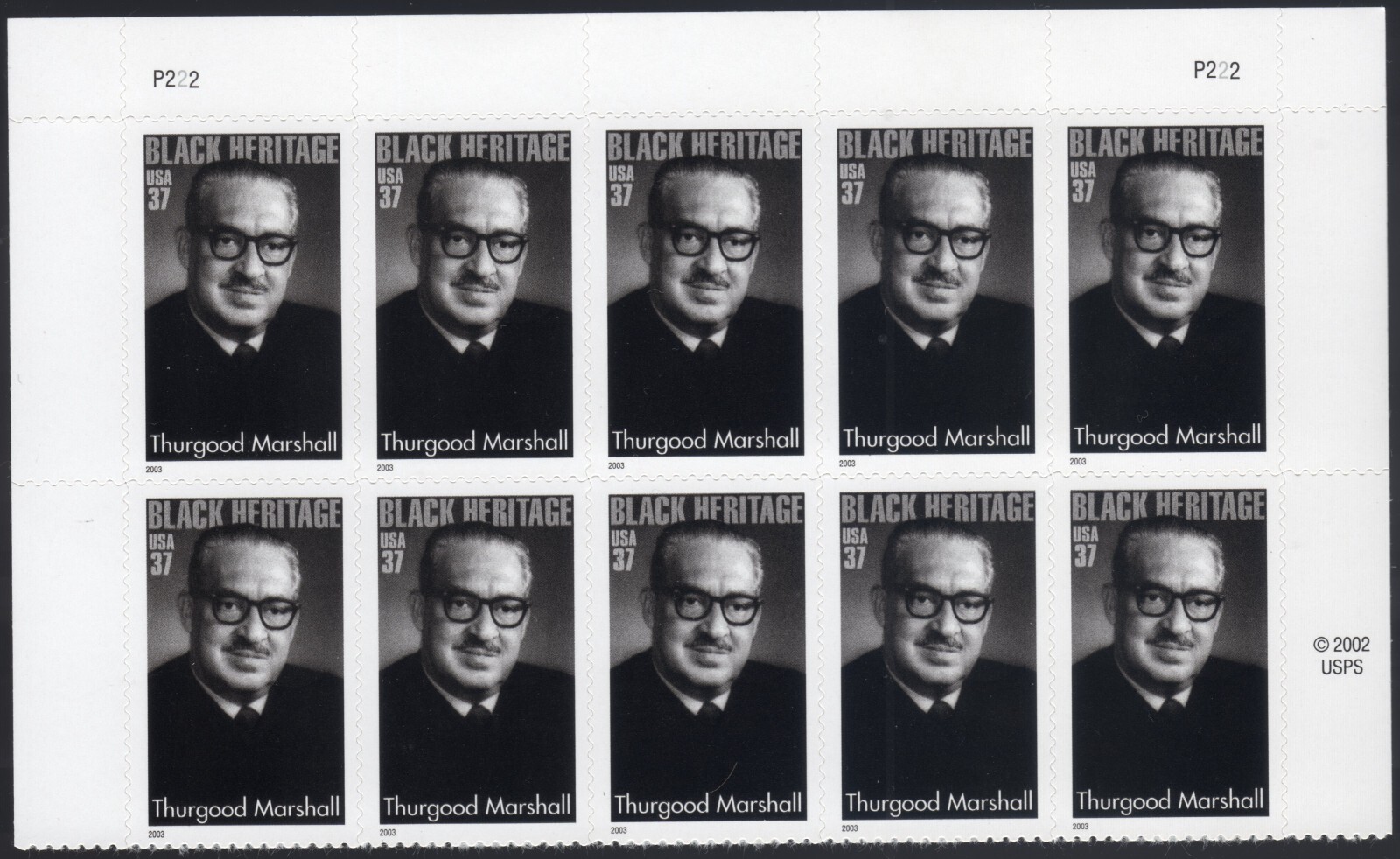 Scott #3746 Thurgood Marshall (Black Heritage) Plate Block of 10 Stamps - MNH