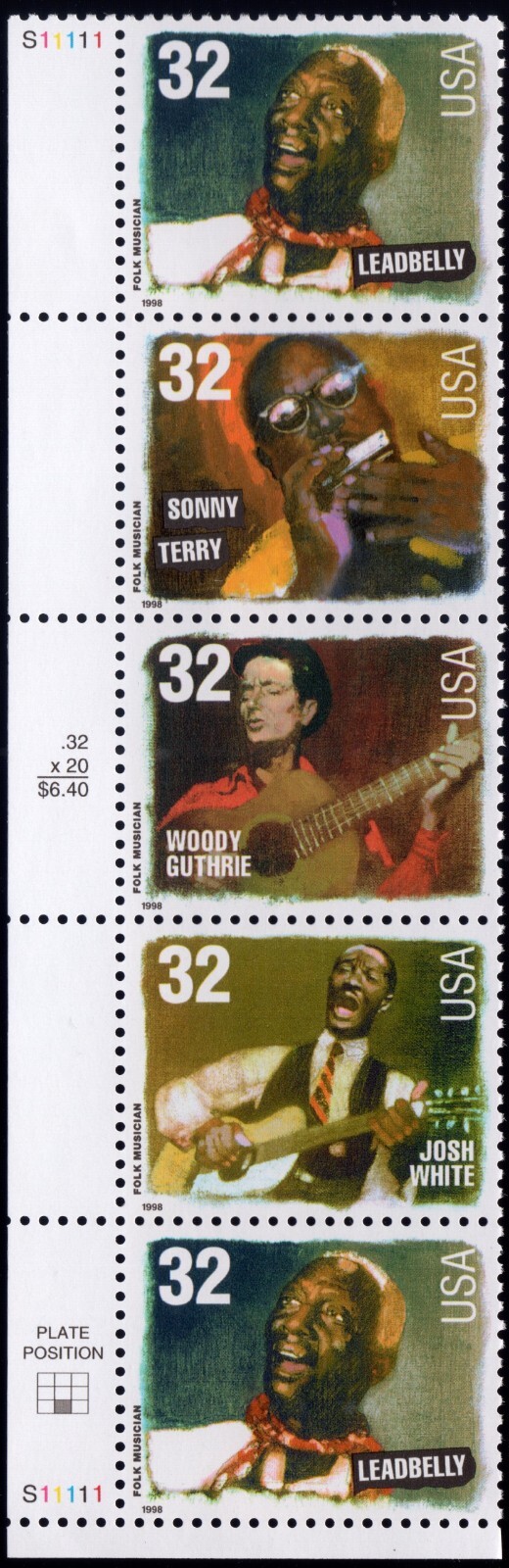 Scott #3215a (3212-3215) Folk Musicians Plate Block of 5 Stamps - MNH Left