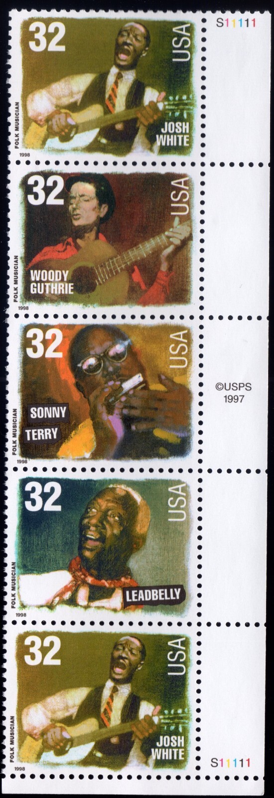 Scott #3215a (3212-3215) Folk Musicians Plate Block of 5 Stamps - MNH Right