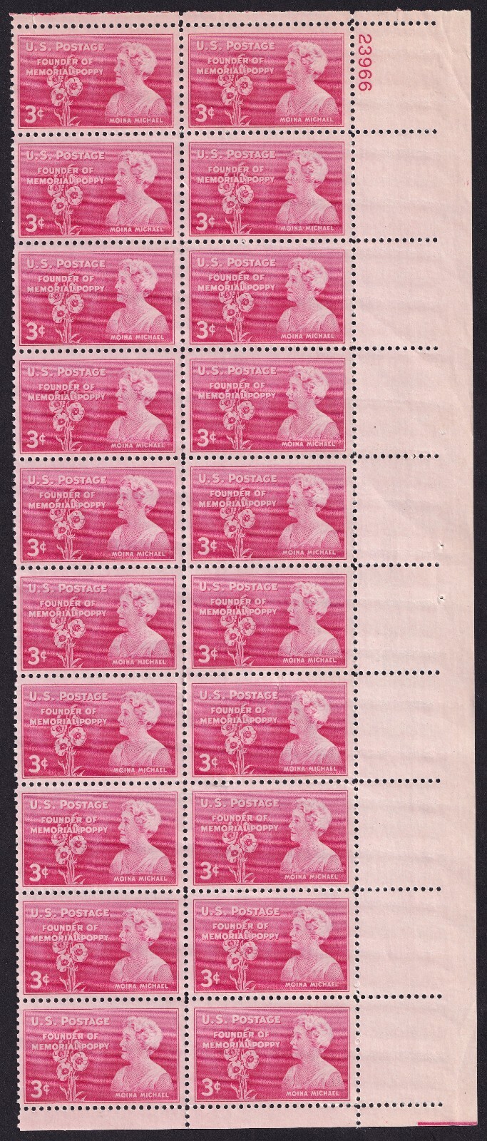 Scott #977 Moina Michael (Red Silk Poppies) Plate Block of 20 Stamps - MNH