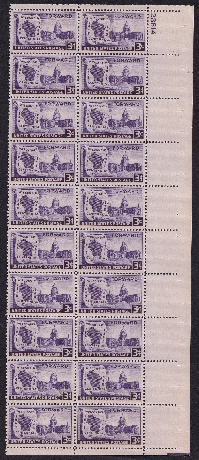 Scott #957 Wisconsin Forward Plate Block of 20 Stamps - MNH