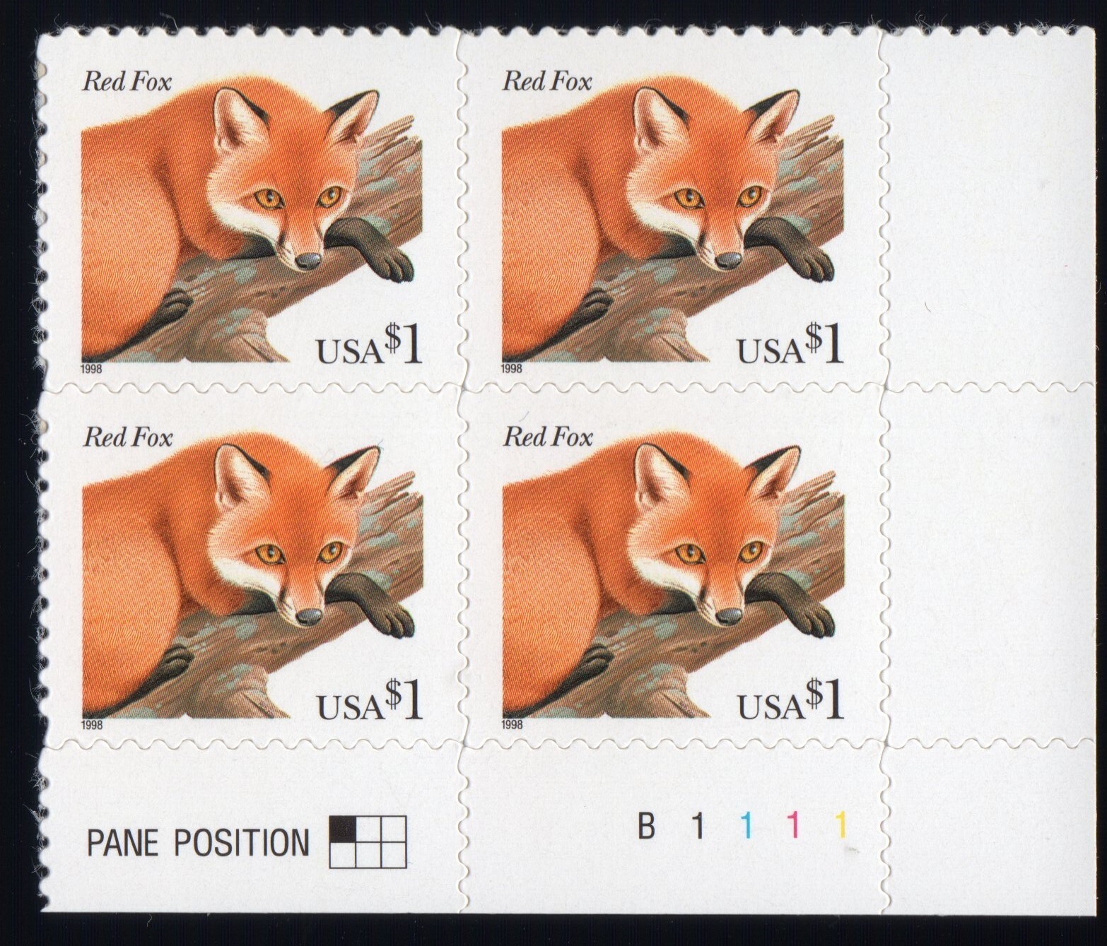 Scott #3036 Red Fox Plate Block of 4 Stamps (P#B1111 LR) - MNH