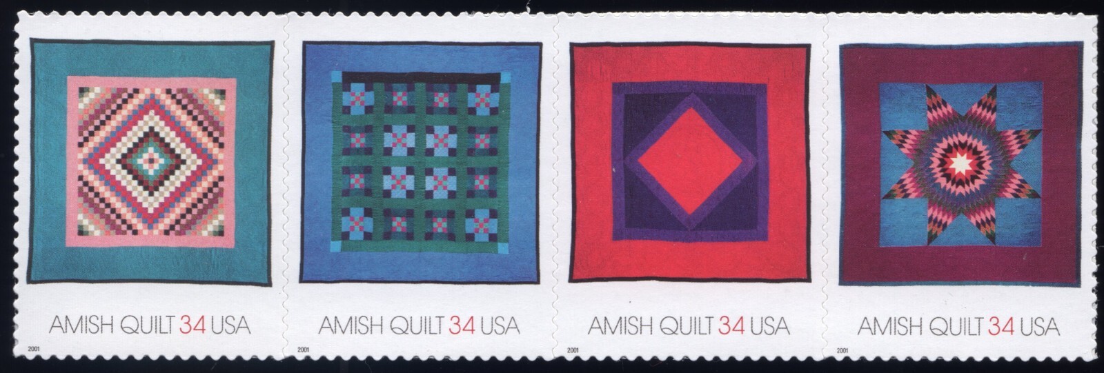 Scott #3527a (3524-3527) Amish Quilts Strip of 4 Stamps - MNH Teal 1st
