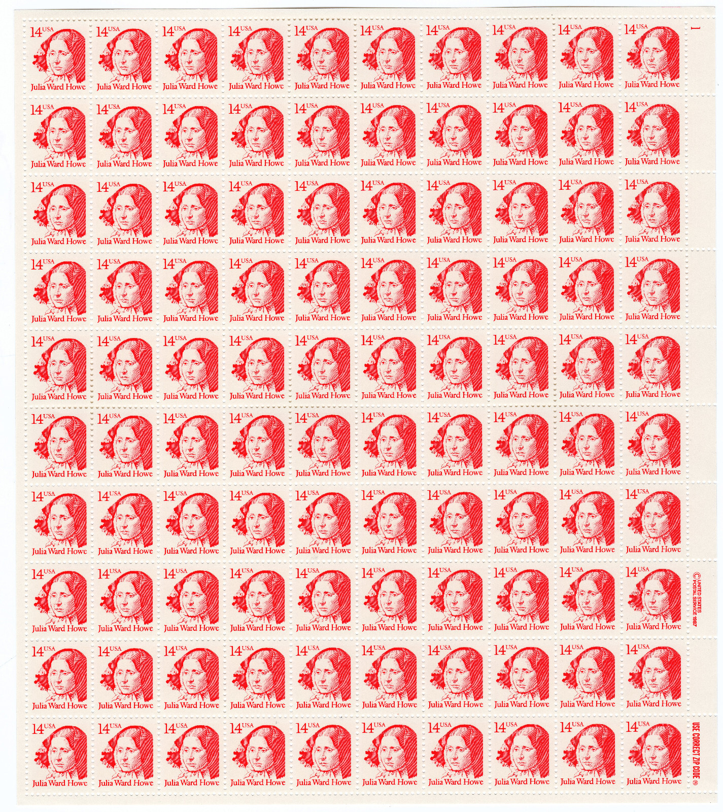 Scott #2176 Julia Ward Howe Sheet of 100 Stamps - MNH