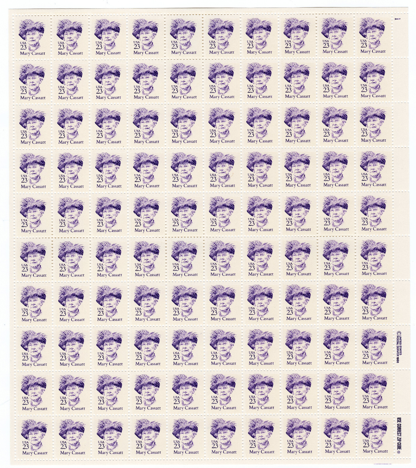 Scott #2181 Mary Cassatt Sheet of 100 Stamps - MNH P#1 UR #1