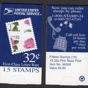 Scott #BK178B (2492f) 32¢ Pink Rose Booklet Pane of 15 Stamps - MNH