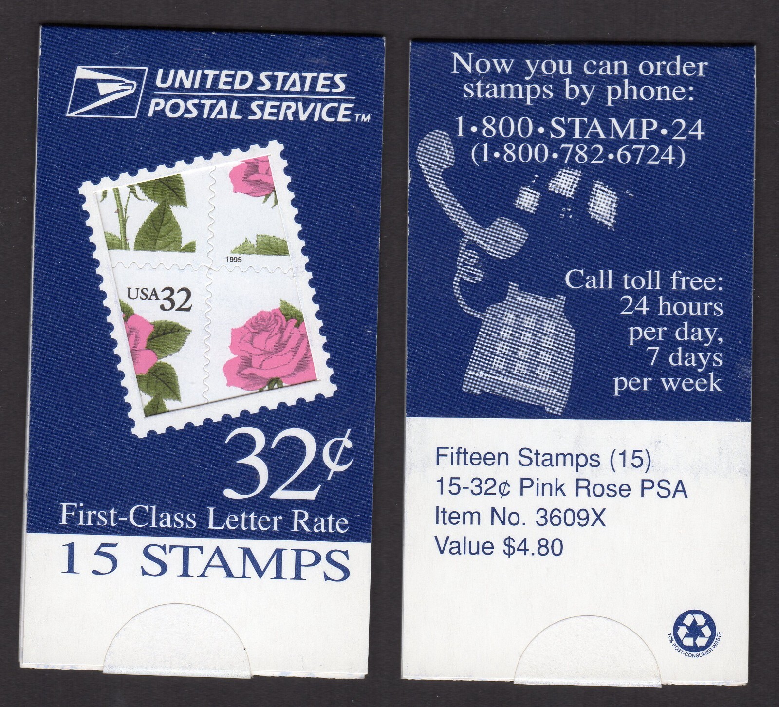 Scott #BK178B (2492f) 32¢ Pink Rose Booklet Pane of 15 Stamps - MNH