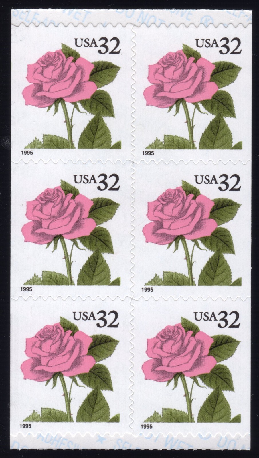 Scott #2492b Pink Rose Booklet Pane of 6 Stamps - MNH Middle