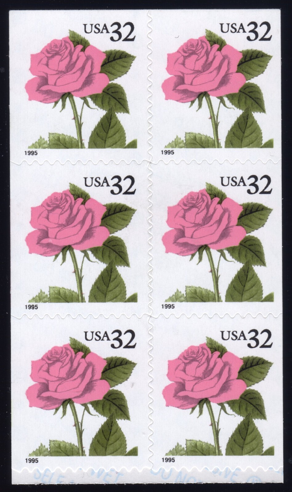 Scott #2492b Pink Rose Booklet Pane of 6 Stamps - MNH Top