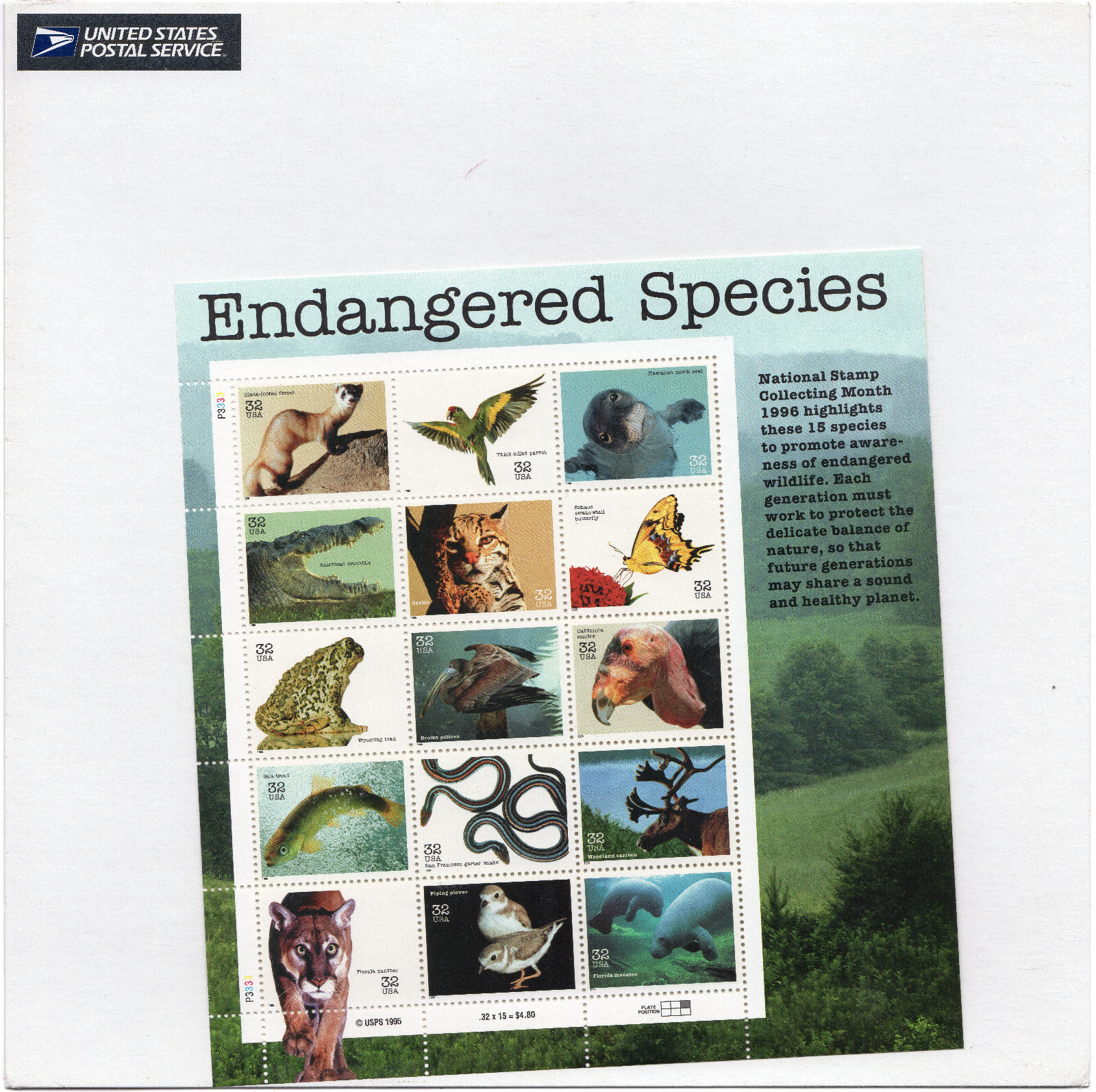 Scott #3105 Endangered Species Sheet of 15 Stamps - Sealed White