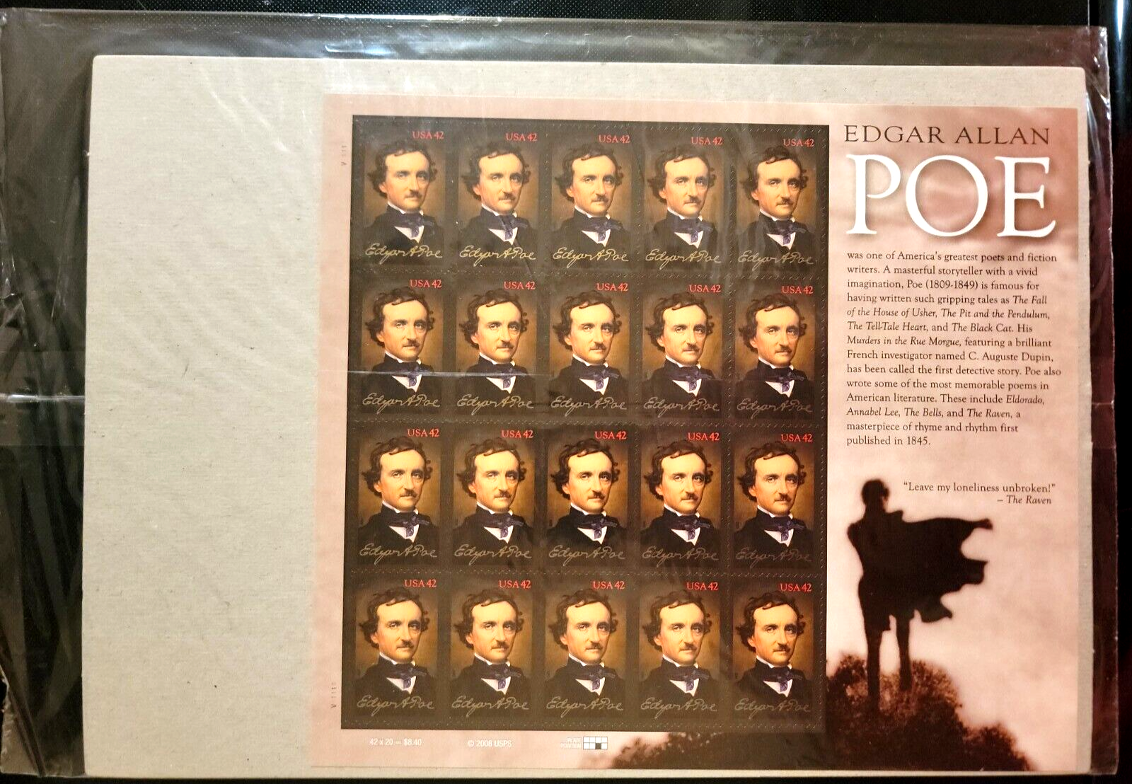 Scott #4377 Edgar Allen Poe (Raven) Dark Sheet of 20 Stamps - Sealed