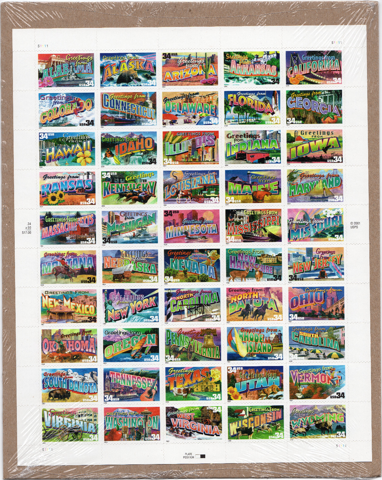Scott #3561-3610a Greetings America Full Sheet of 50 Stamps - Sealed Brown