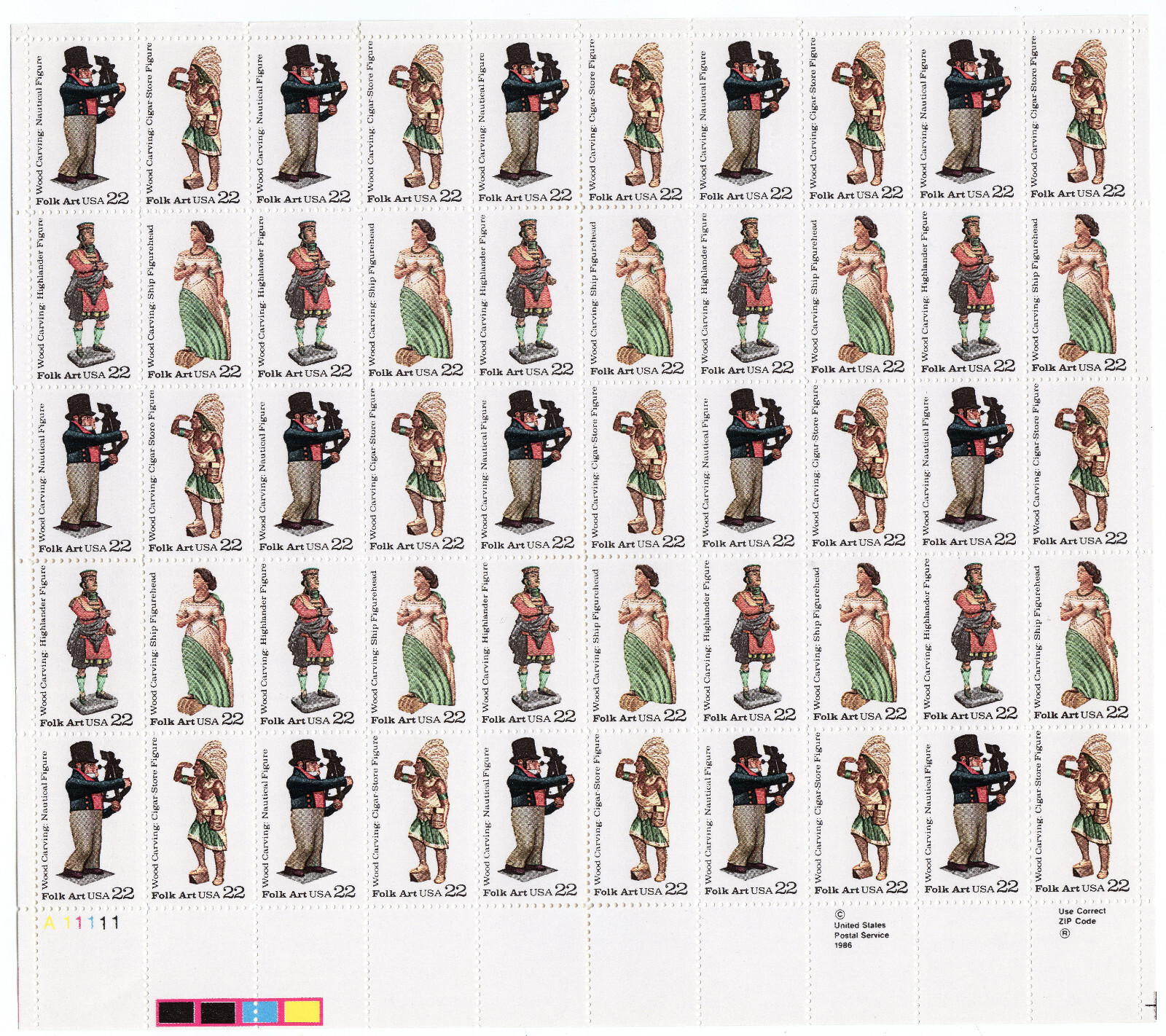 Scott #2240-2243a Woodcarved Figurine (Folk Series) Sheet of 50 Stamps - MNH LL