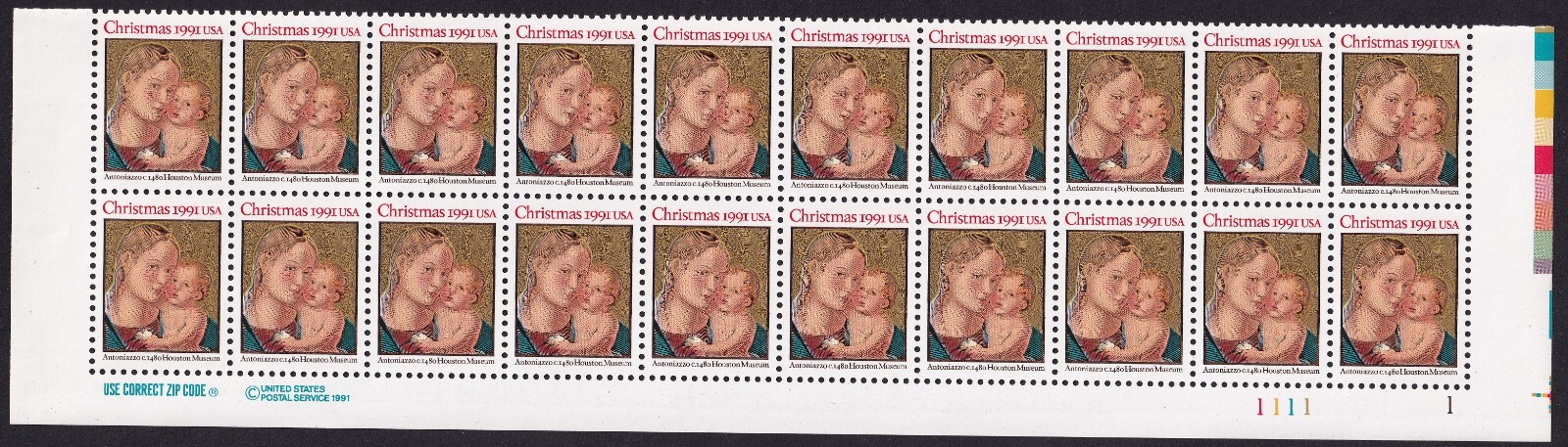 Scott #2578 Madonna & Child (Antoniazzo) Plate Block of 20 Stamps - MNH LR