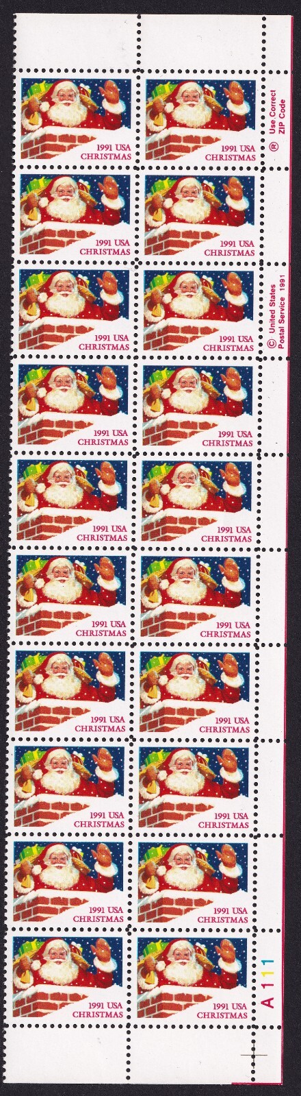 Scott #2579 Christmas Santa in Chimney Plate Block of 20 Stamps - MNH