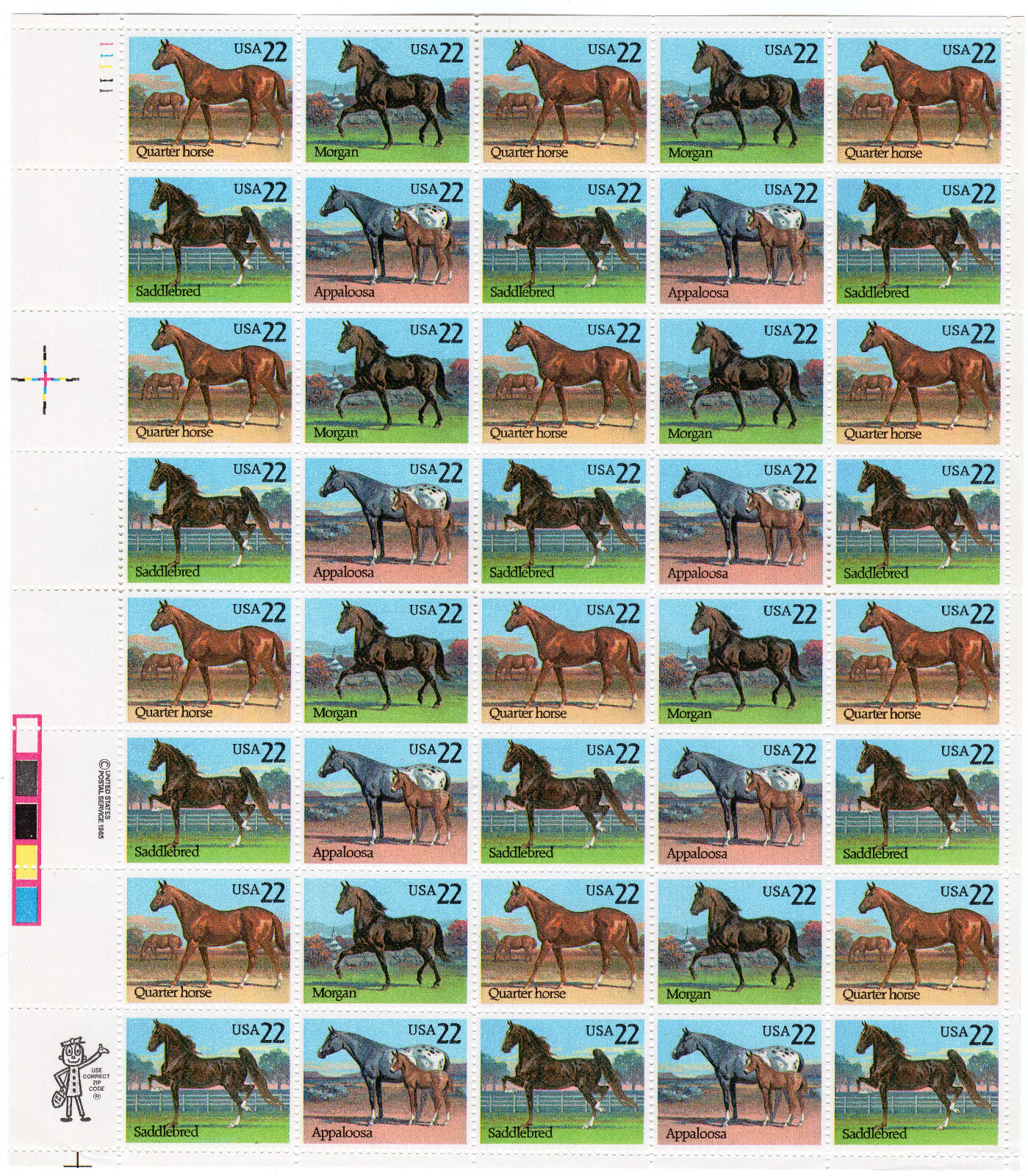 Scott #2158a (2125-28) Horses 22¢ Sheet of 40 Stamps - MNH